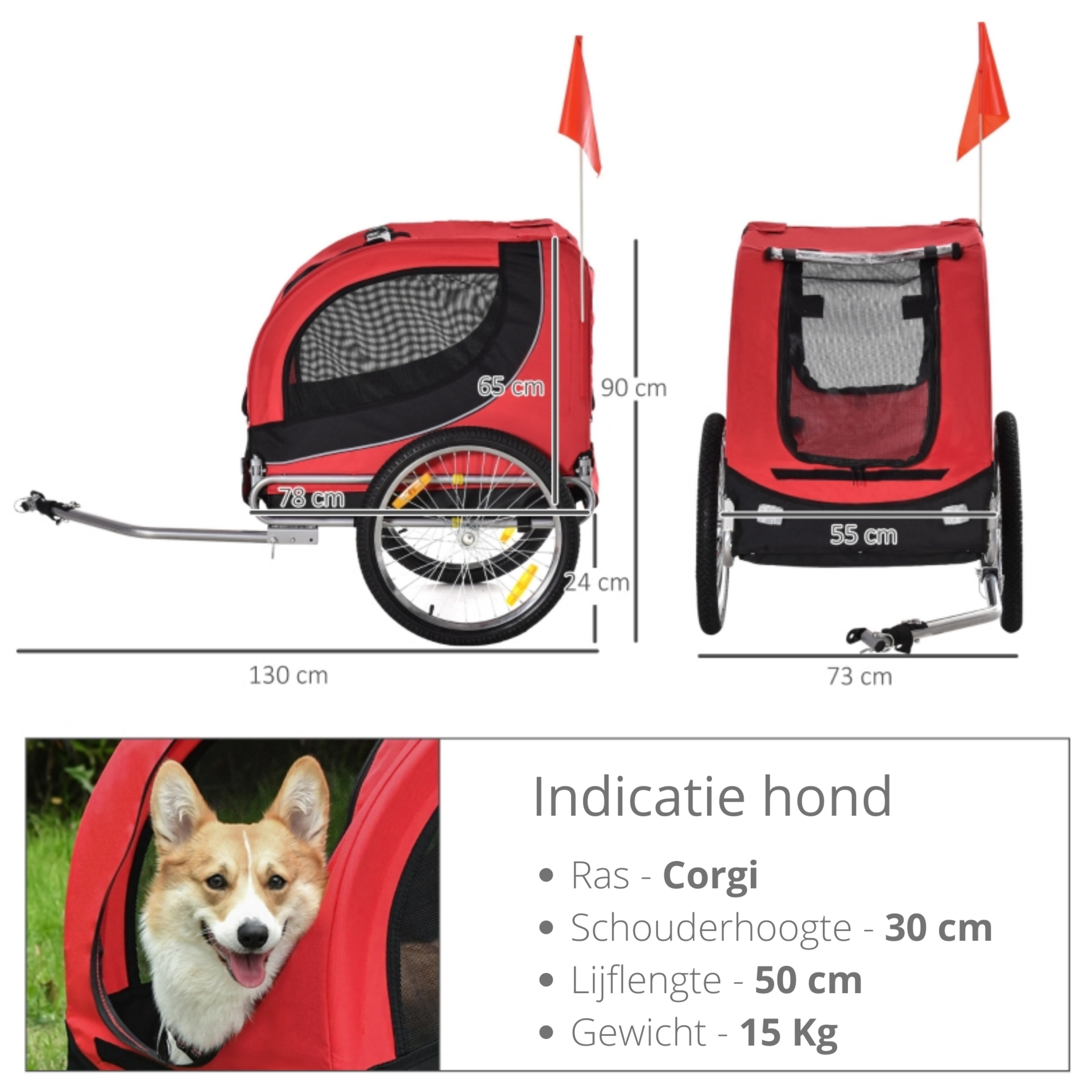 Hondenfietskar 130x90x110 cm rood zwart voor veilige en comfortabele fietstochte