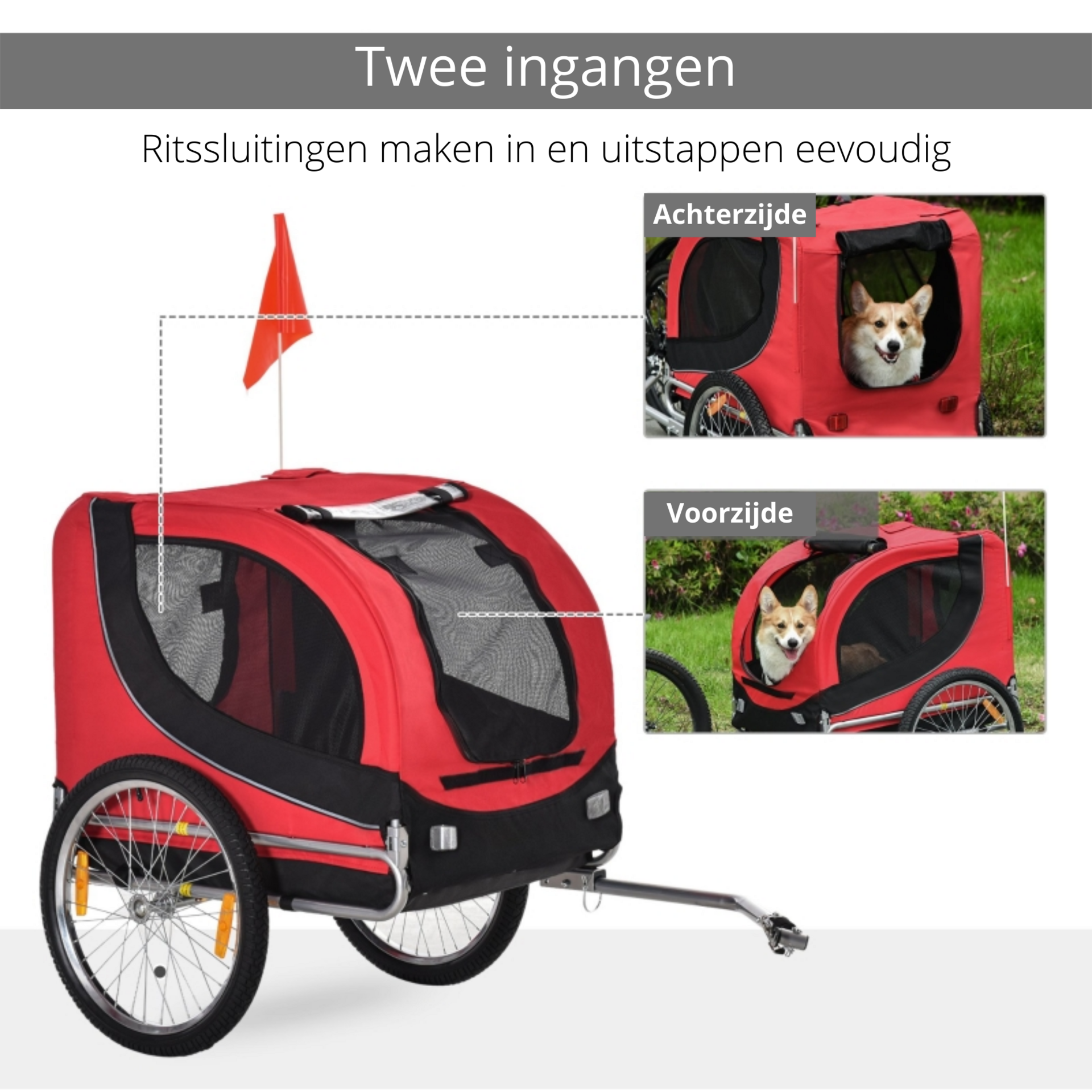 Hondenfietskar 130x90x110 cm rood zwart voor veilige en comfortabele fietstochte