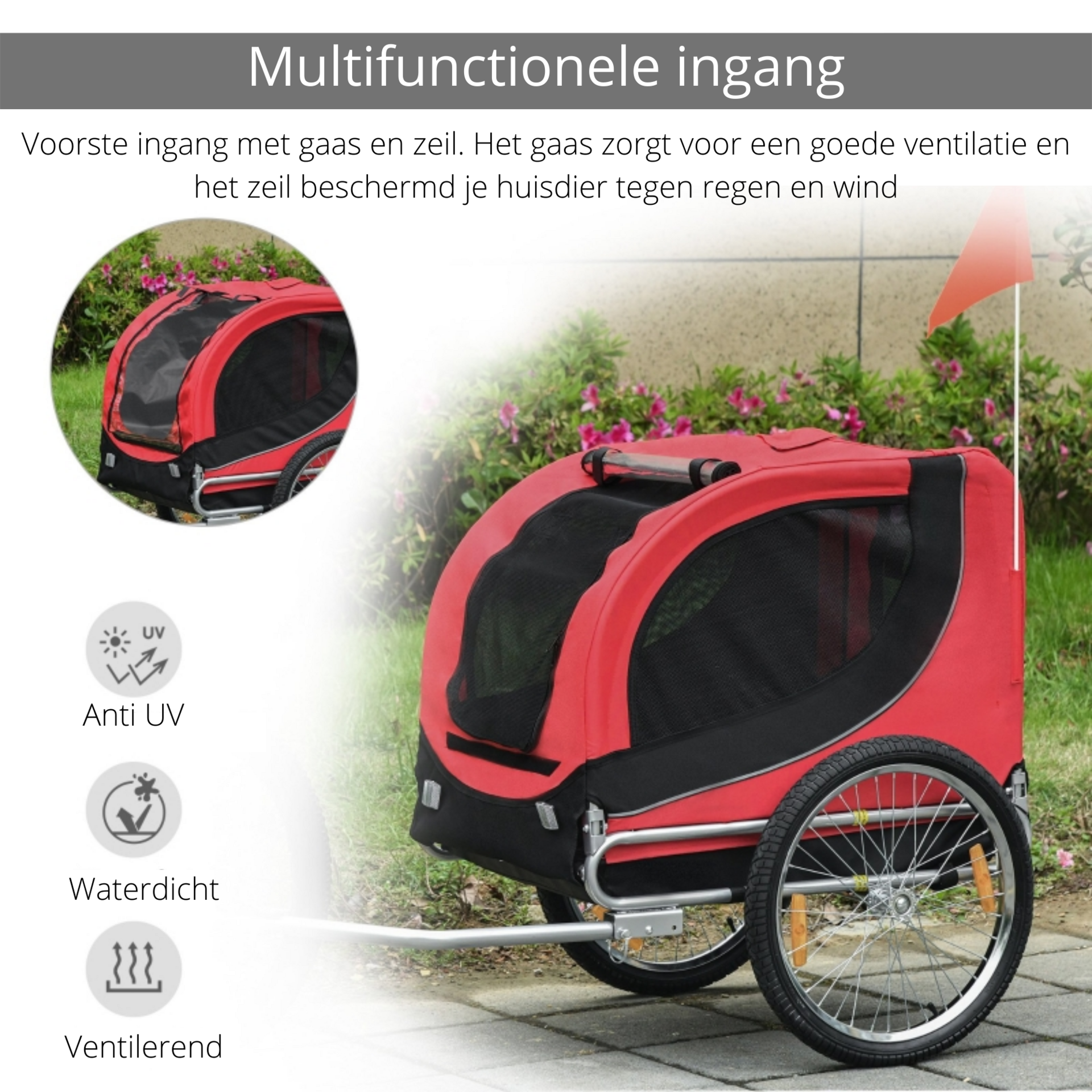 Hondenfietskar 130x90x110 cm rood zwart voor veilige en comfortabele fietstochte