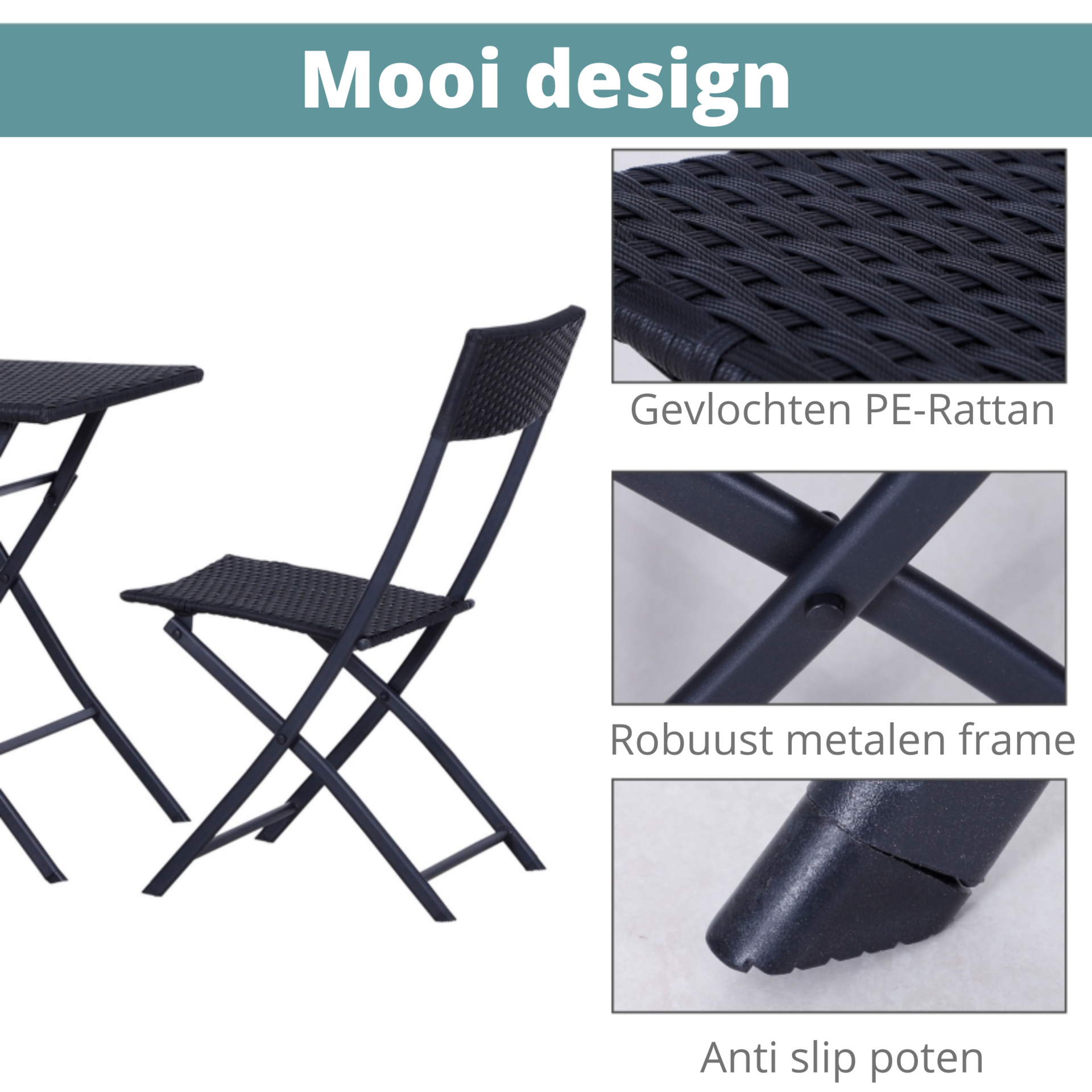 3-delige zwarte polyrotan bistroset, perfect voor tuin en balkon