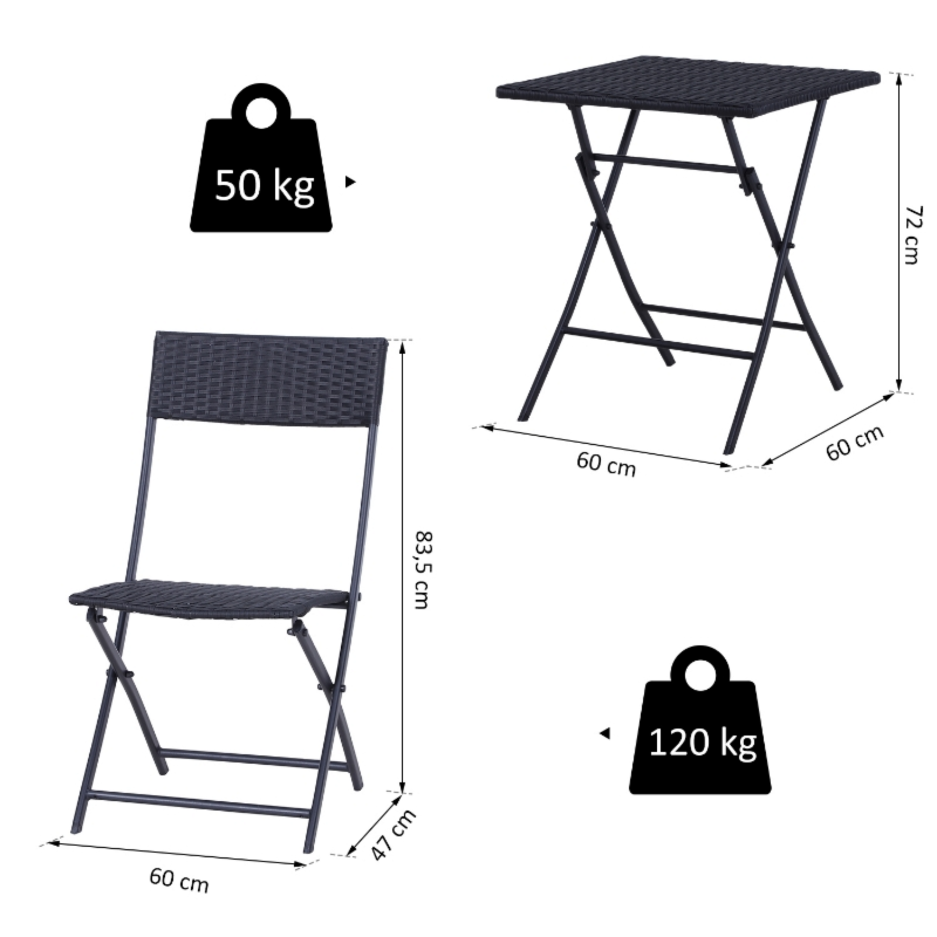 3-delige zwarte polyrotan bistroset, perfect voor tuin en balkon