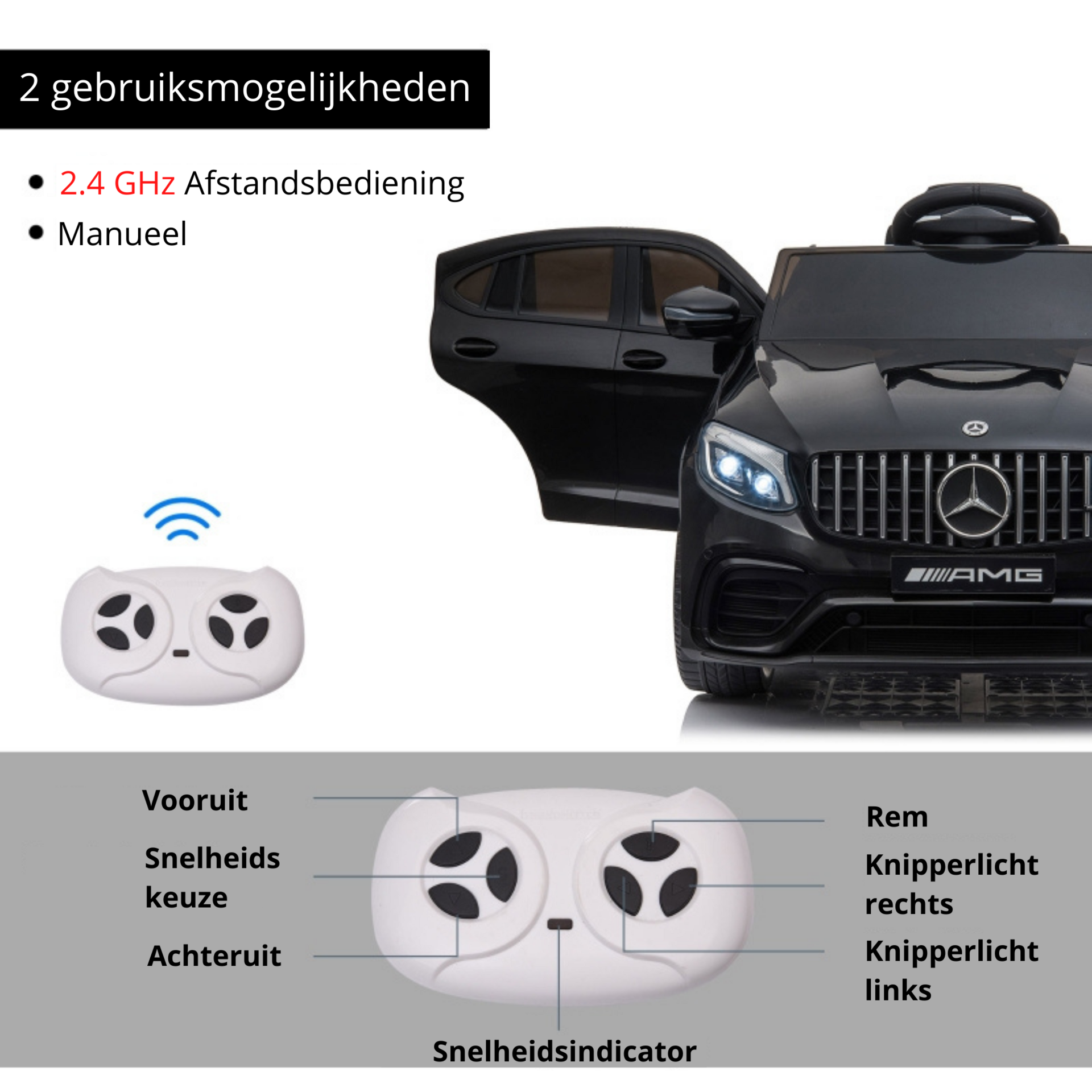 Zwarte elektrische kinderauto AMG – met afstandsbediening en realistisch vlameffect