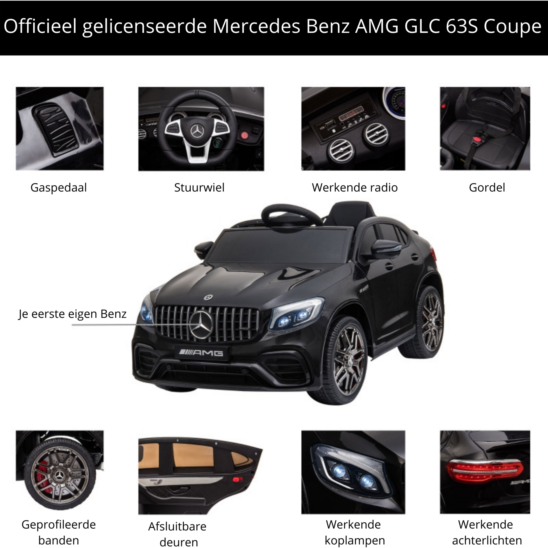 Zwarte elektrische kinderauto AMG – met afstandsbediening en realistisch vlameffect
