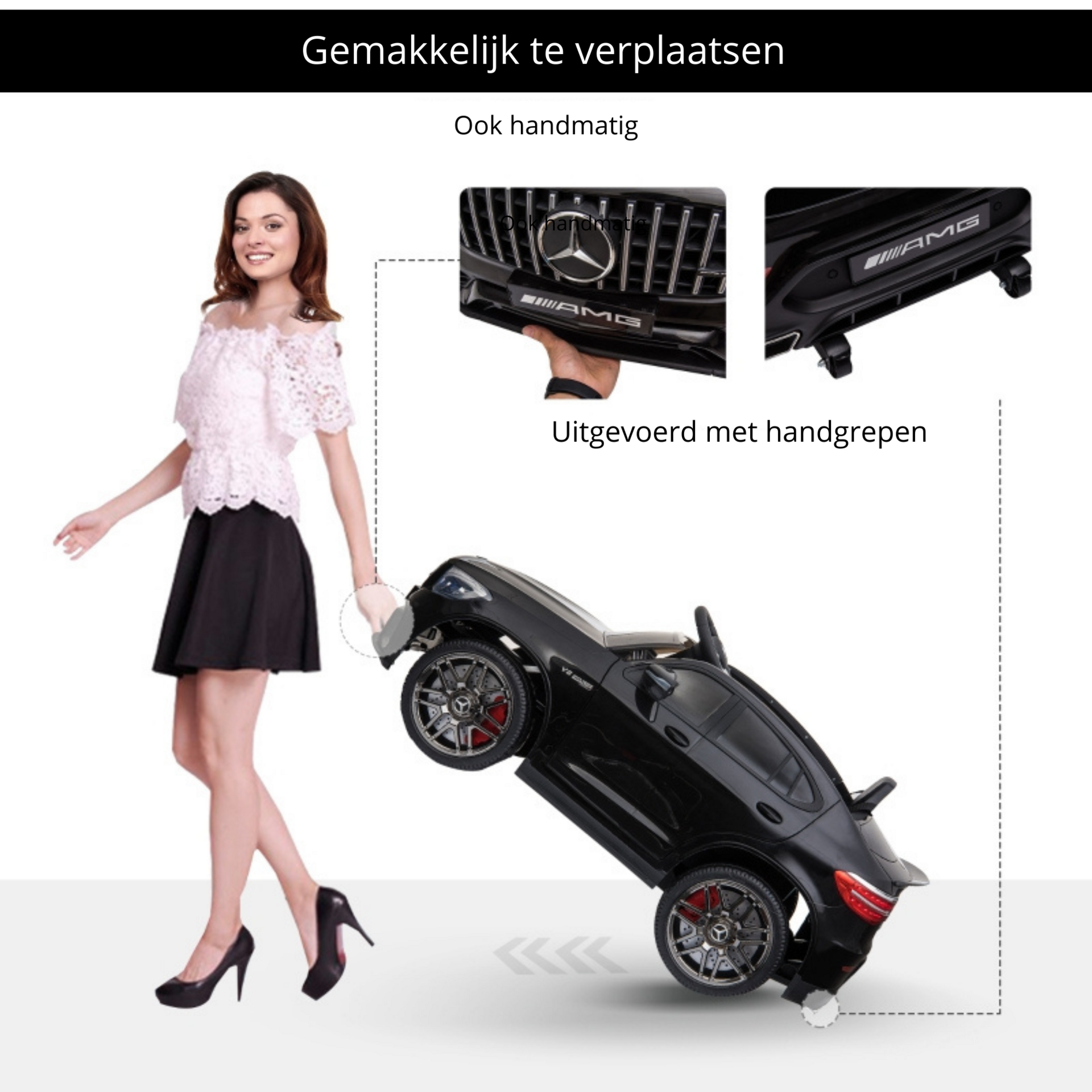 Zwarte elektrische kinderauto AMG – met afstandsbediening en realistisch vlameffect