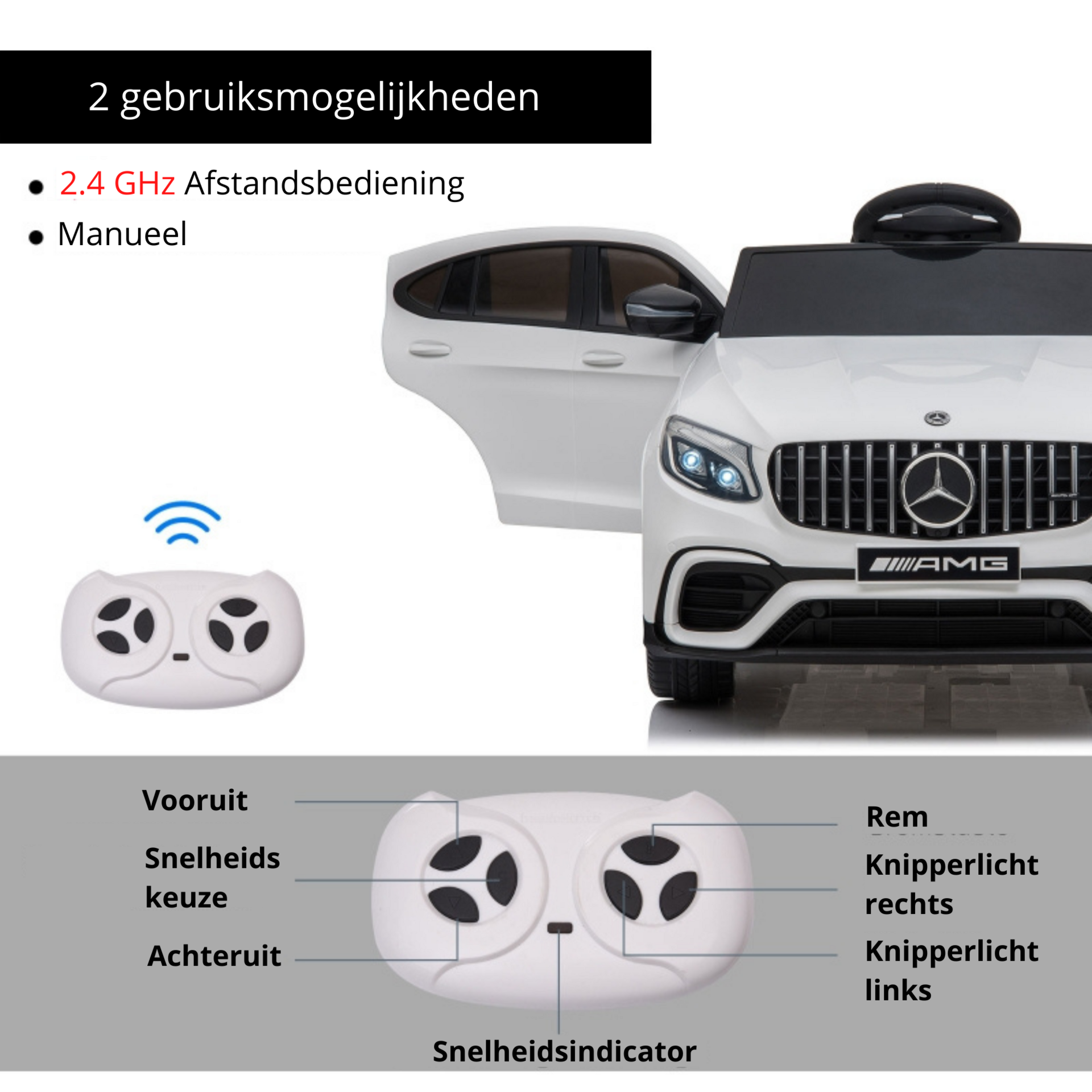 Witte elektrische kinderauto AMG – met afstandsbediening en muziekfuncties