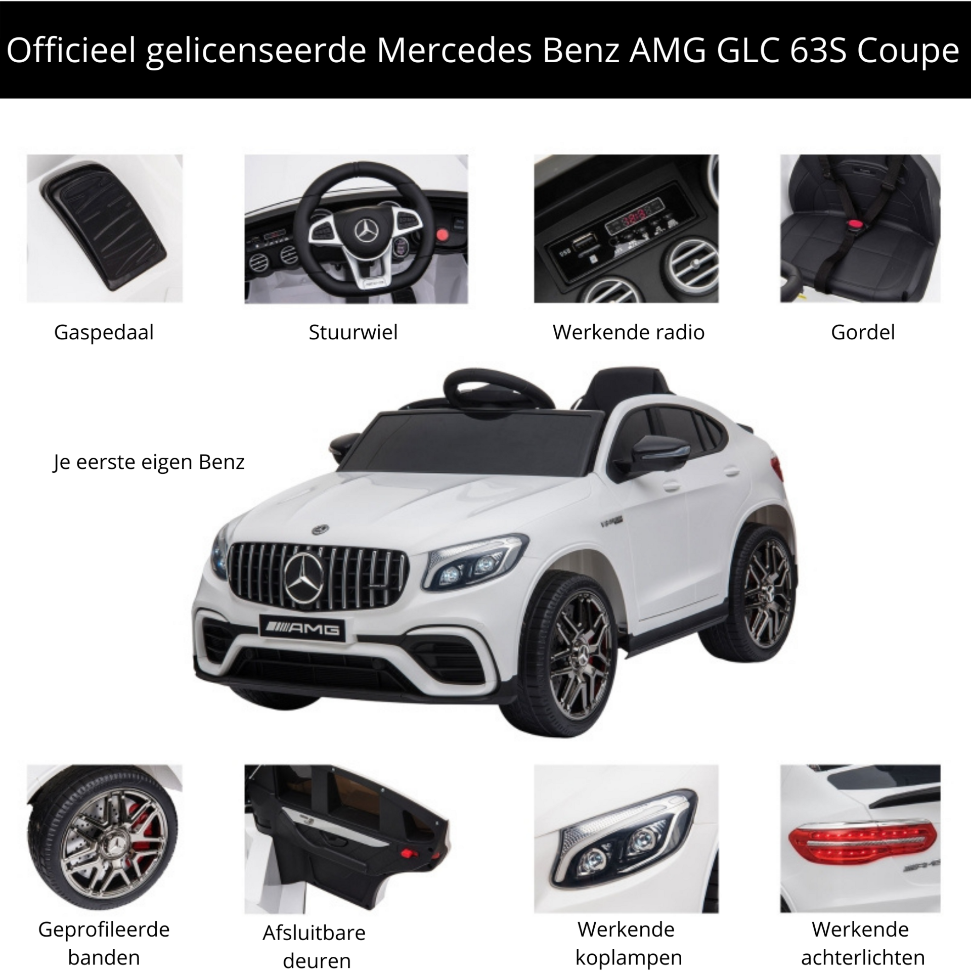 Witte elektrische kinderauto AMG – met afstandsbediening en muziekfuncties