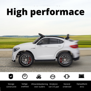 Witte elektrische kinderauto AMG – met afstandsbediening en muziekfuncties, realistisch model met stoer design en stevig chassis
