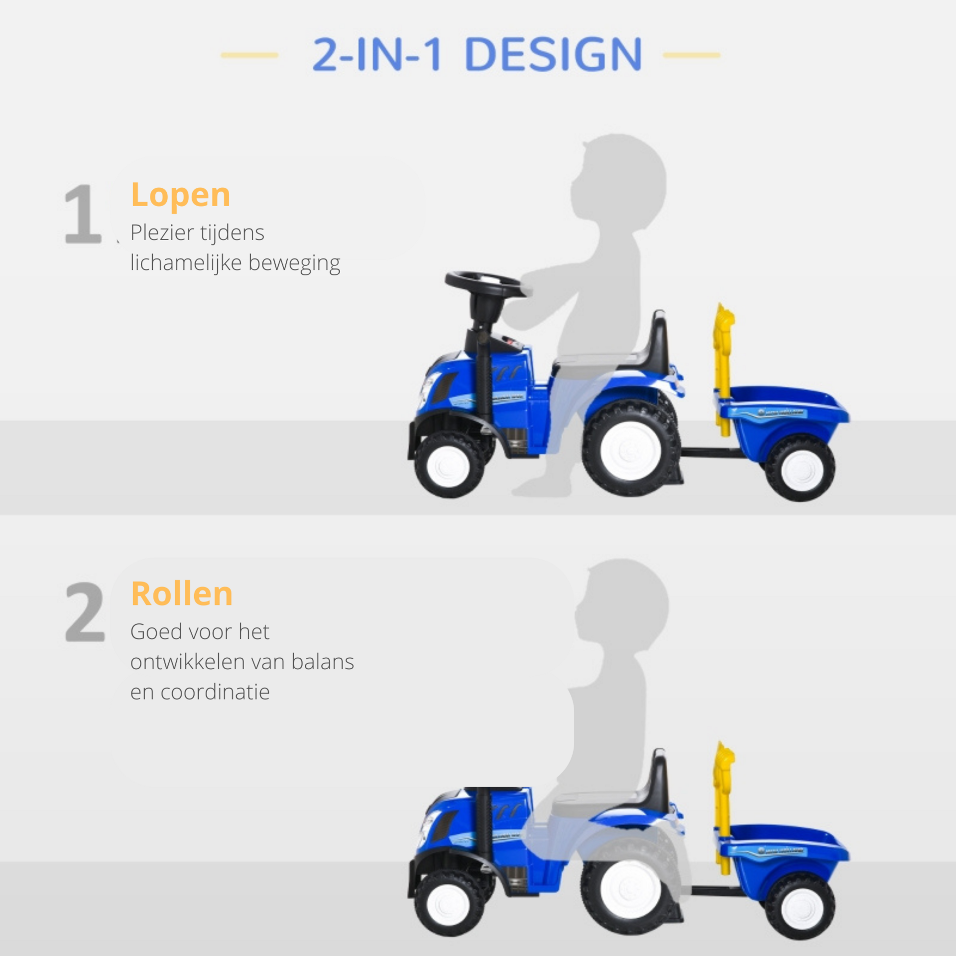 Blauwe tractor loopwagen met aanhanger – inclusief claxon en speelgoedaccessoires