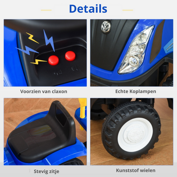 Blauwe tractor loopwagen met aanhanger – inclusief claxon en speelgoedaccessoires