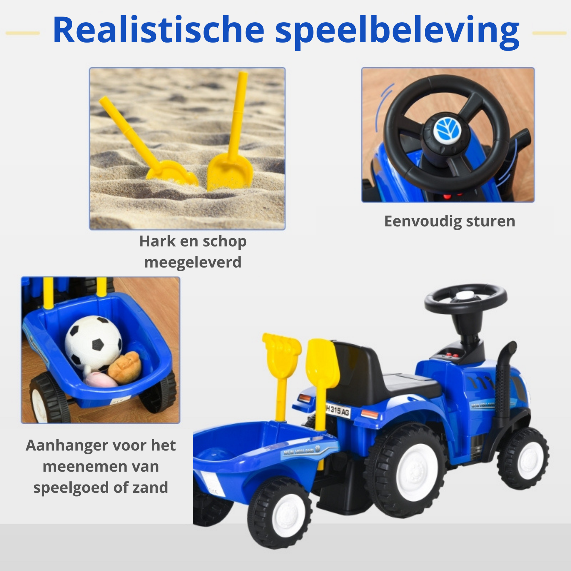 Blauwe tractor loopwagen met aanhanger – inclusief claxon en speelgoedaccessoires