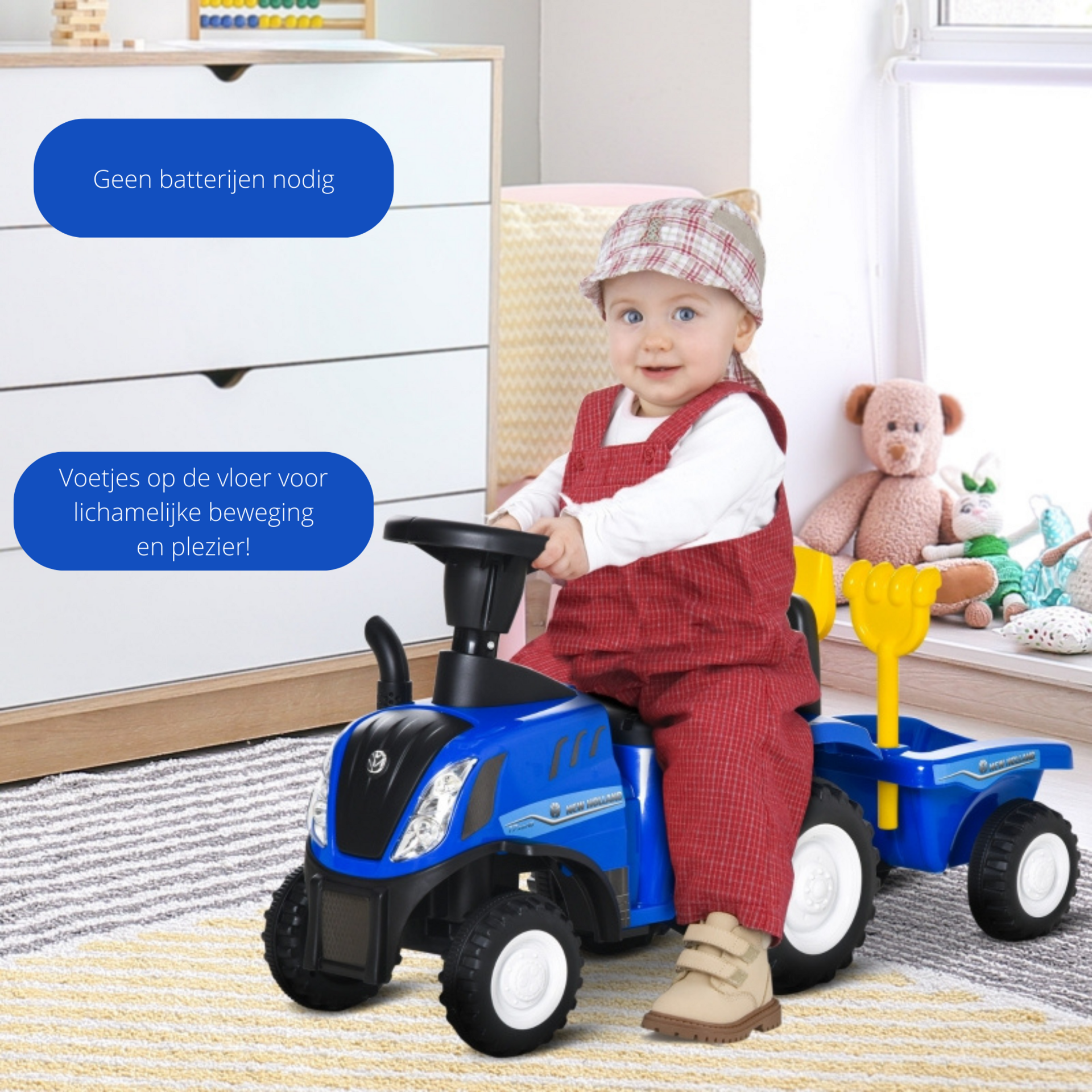 Blauwe tractor loopwagen met aanhanger – inclusief claxon en speelgoedaccessoires