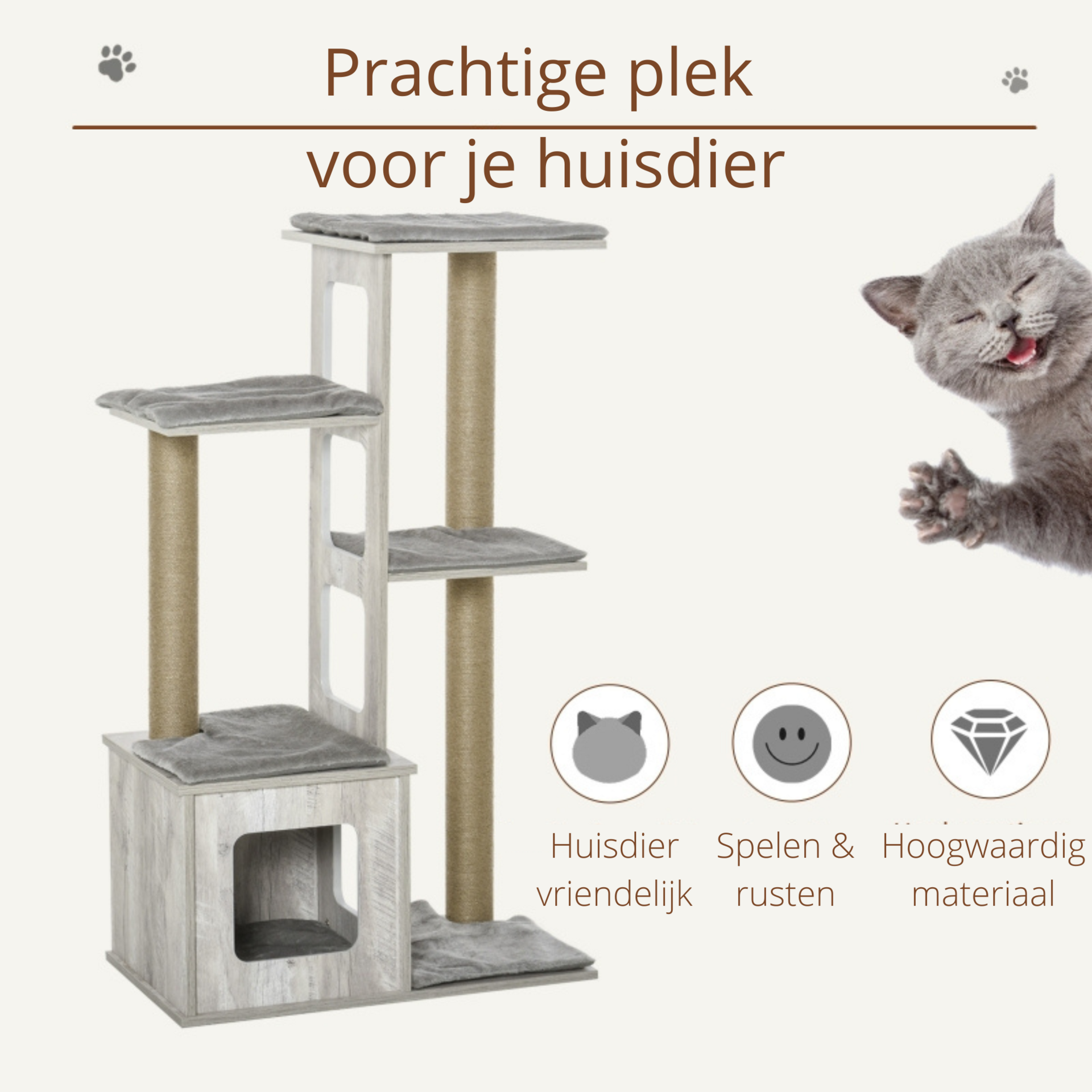 Grijze krabpaal met kattenhuis – 67×38,5×114 cm, sisalpalen en meerdere verdiepingen