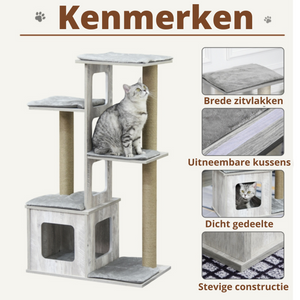 Grijze krabpaal met kattenhuis – 67×38,5×114 cm, sisalpalen en meerdere verdiepingen met brede zitvlakken en uitneembare kussens