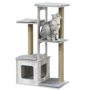 Grijze krabpaal met kattenhuis – 67×38,5×114 cm, sisalpalen en meerdere verdiepingen met kat bovenop platform