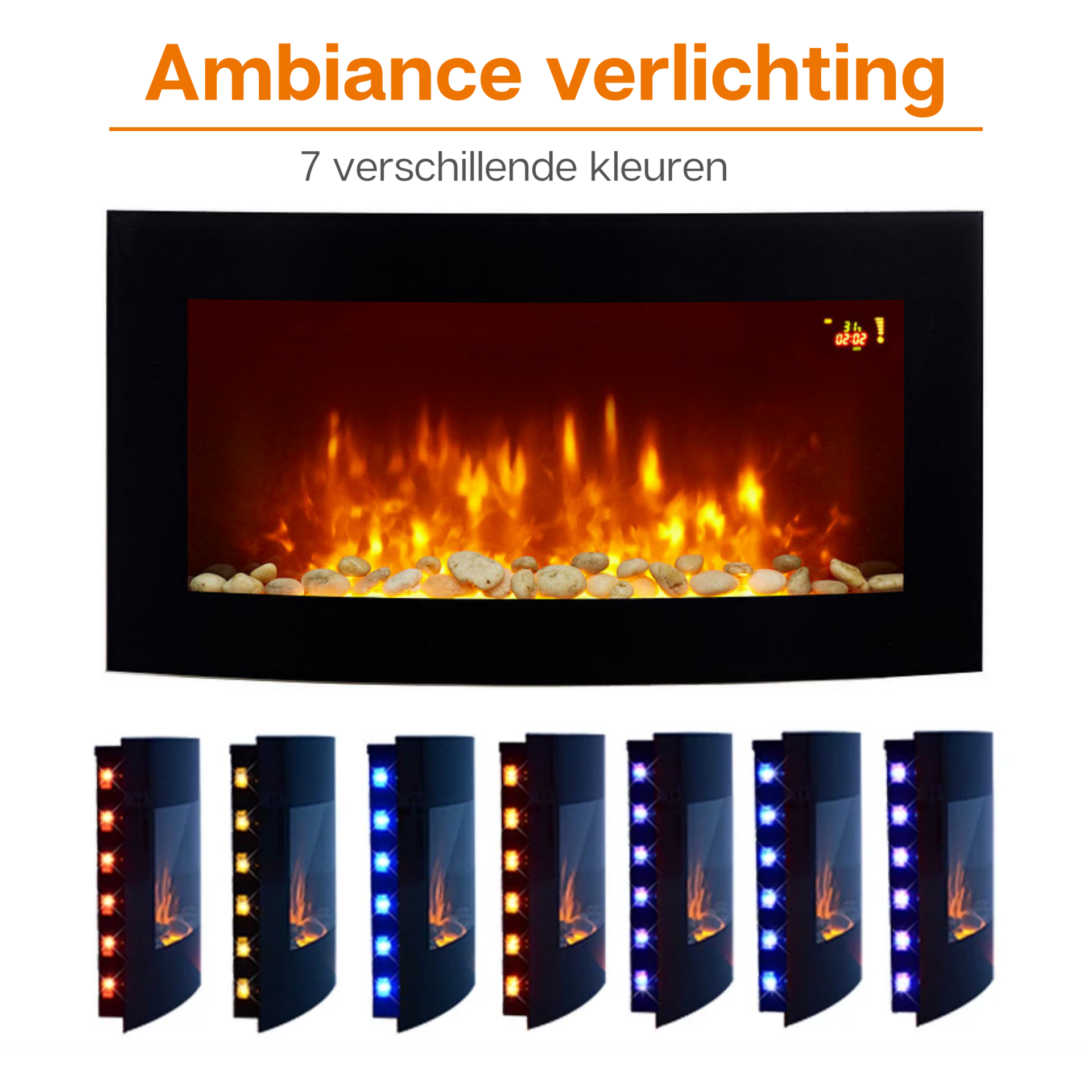 Moderne elektrische haard voor aan de muur zwart met LED en afstandsbediening