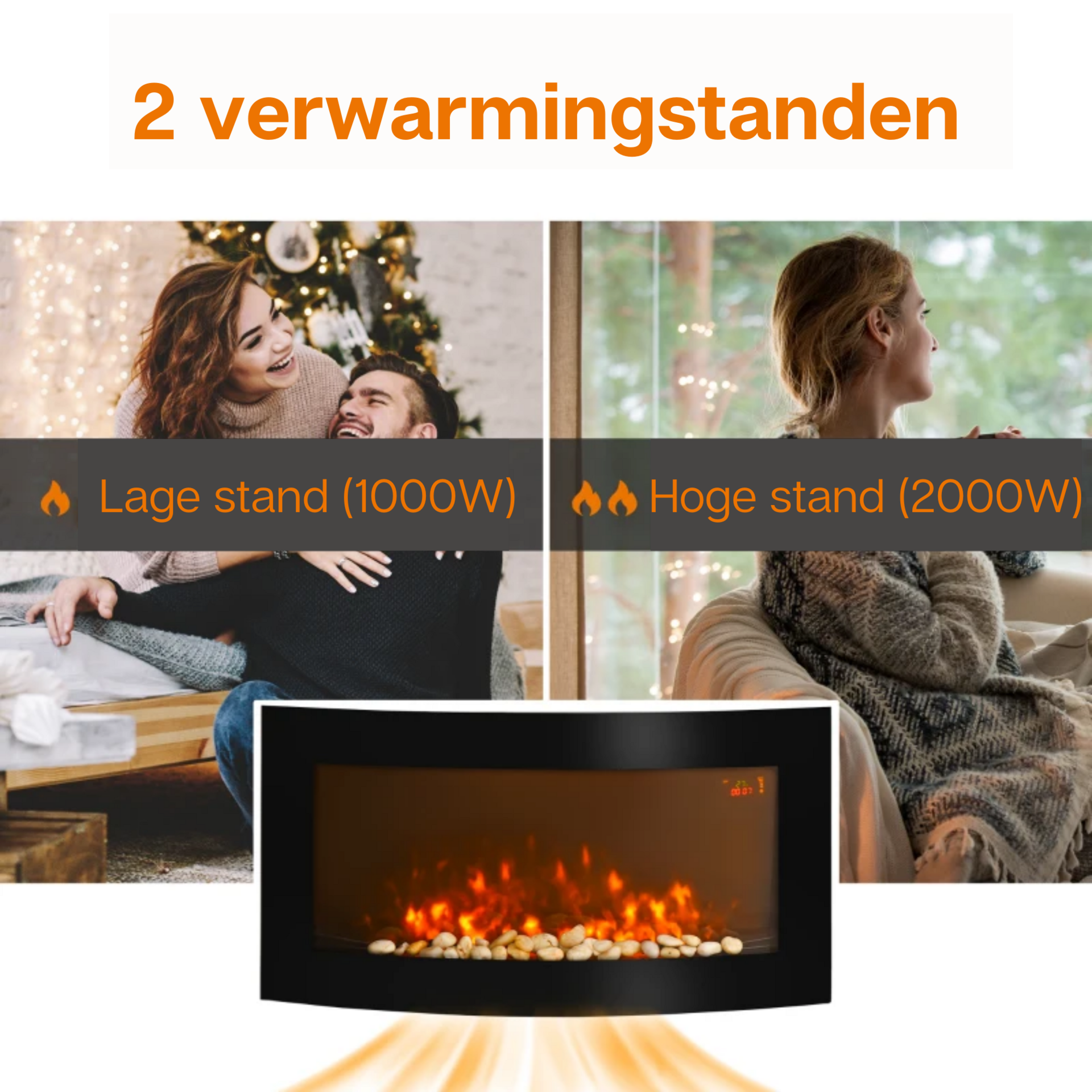 Moderne elektrische haard voor aan de muur zwart met LED en afstandsbediening
