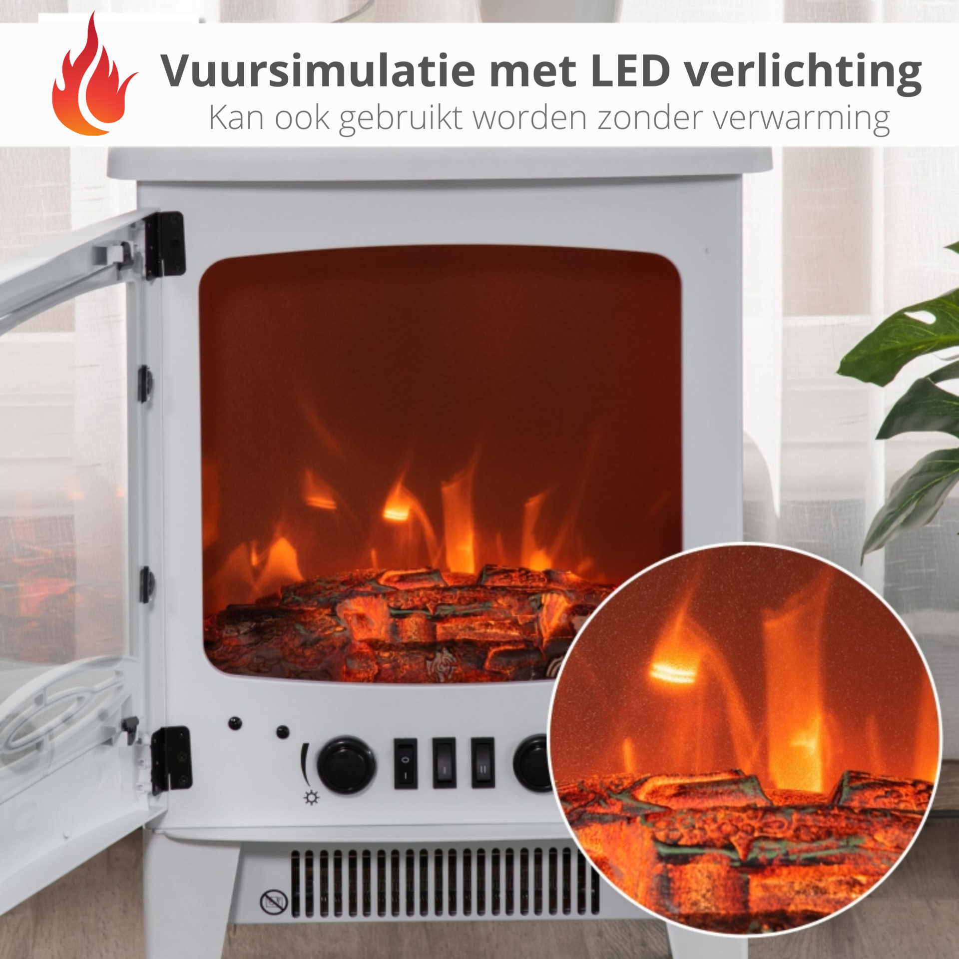 Witte elektrische sfeerhaard 1800 W – realistisch vlameffect en energiezuinige thermostaat