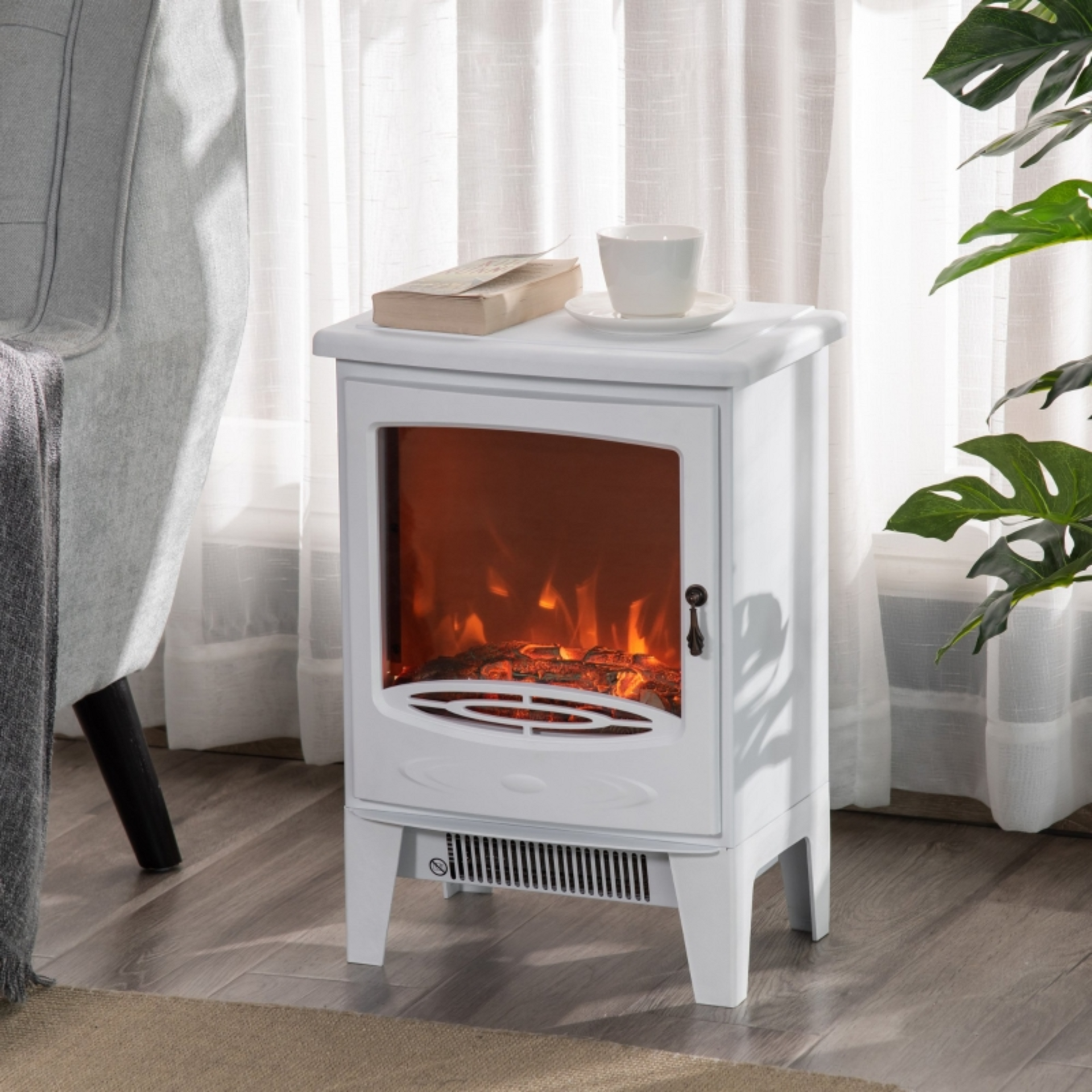 Witte elektrische sfeerhaard 1800 W – realistisch vlameffect en energiezuinige thermostaat