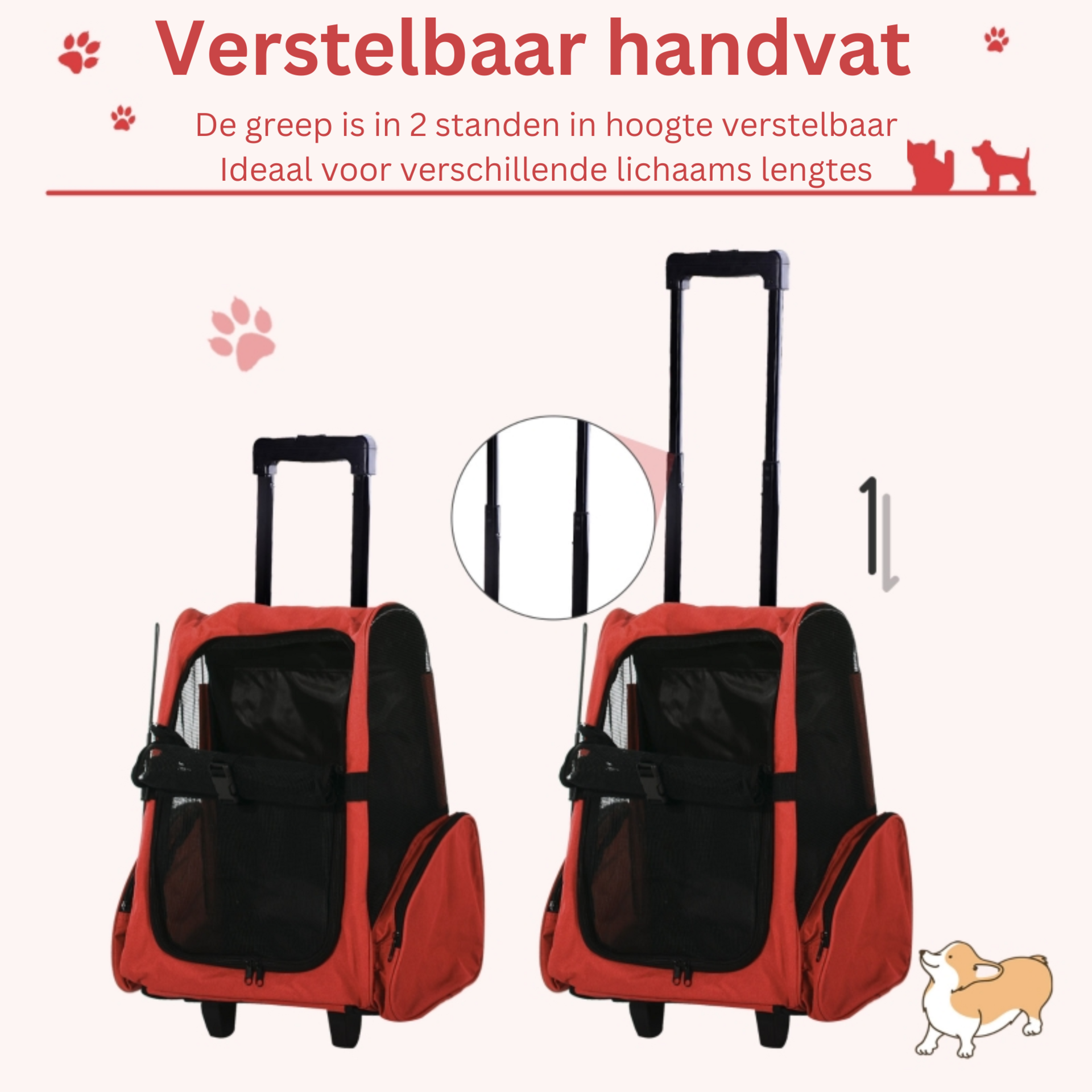Honden reismand rugzak met wielen in rood en zwart voor gemakkelijk vervoer