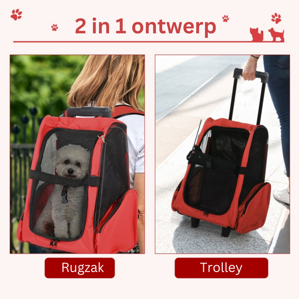 Honden reismand rugzak met wielen in rood en zwart voor gemakkelijk vervoer