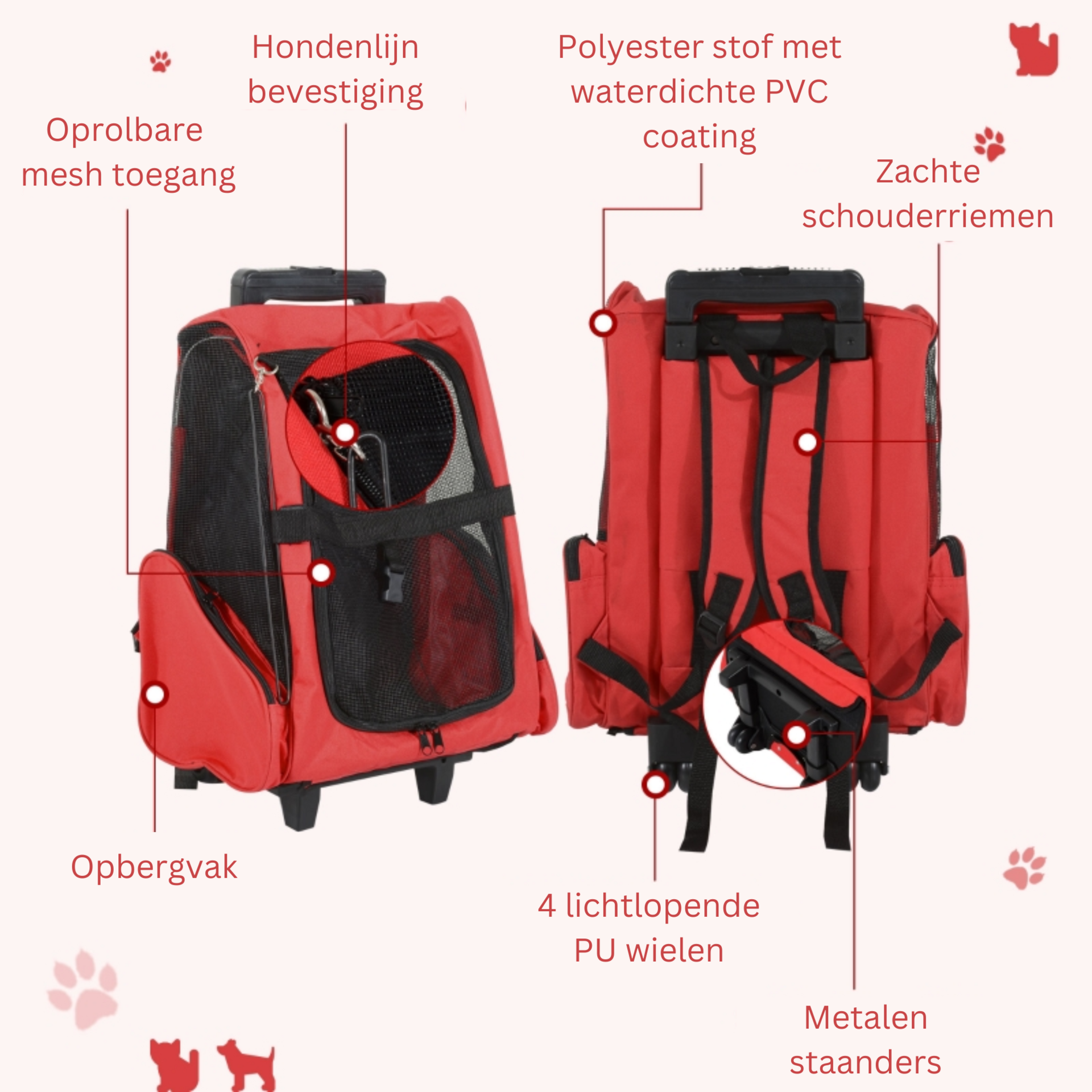Honden reismand rugzak met wielen in rood en zwart voor gemakkelijk vervoer