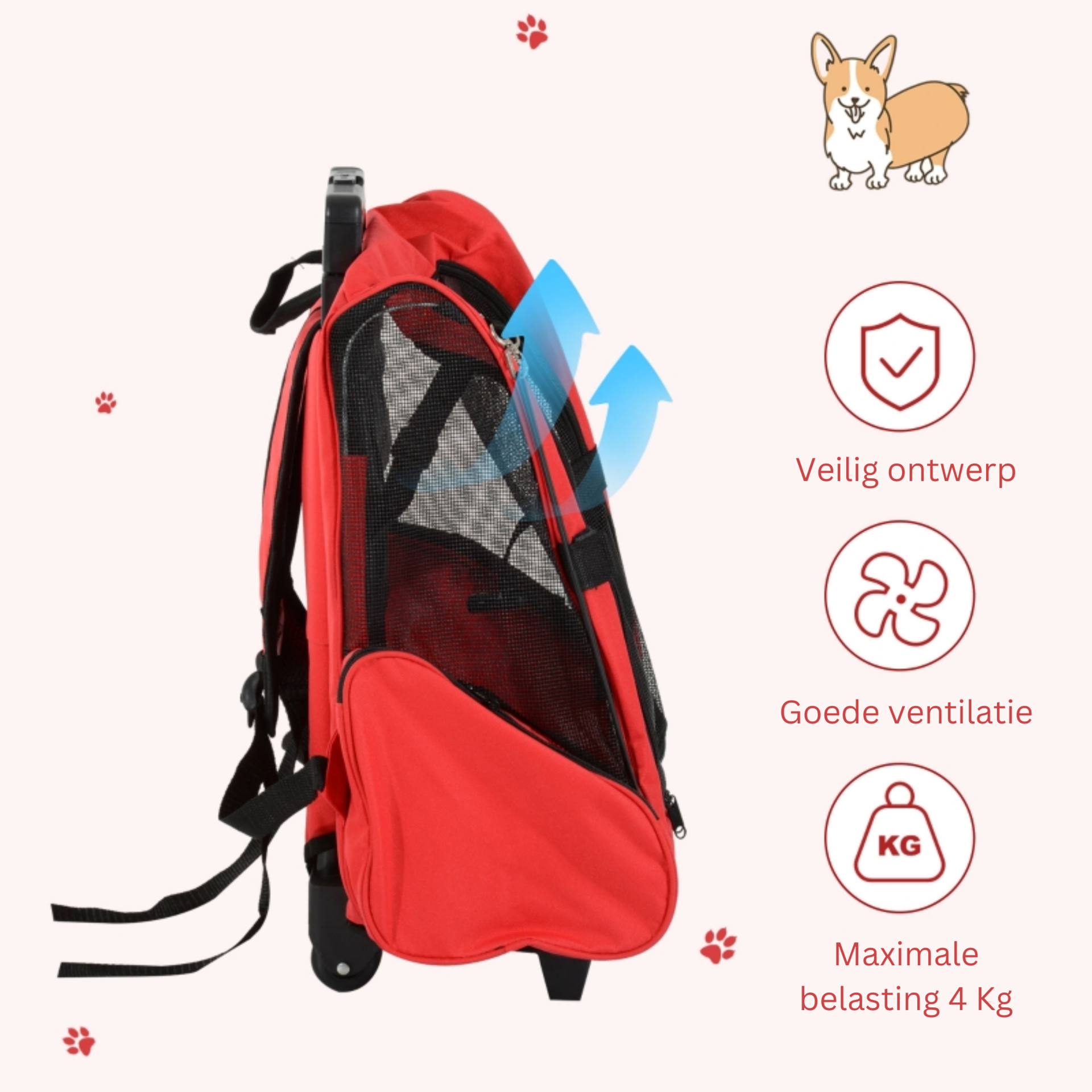 Honden reismand rugzak met wielen in rood en zwart voor gemakkelijk vervoer