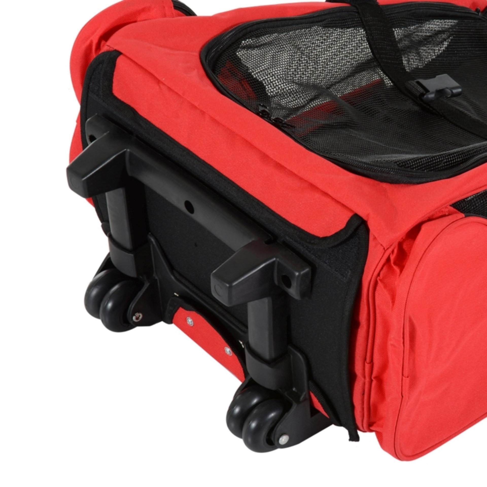 Honden reismand rugzak met wielen in rood en zwart voor gemakkelijk vervoer