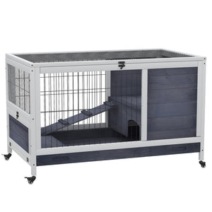 Grijs houten konijnenhok 90x53x59 cm – mobiel en onderhoudsvriendelijk met trap en ruime leefruimte voor kleine huisdieren