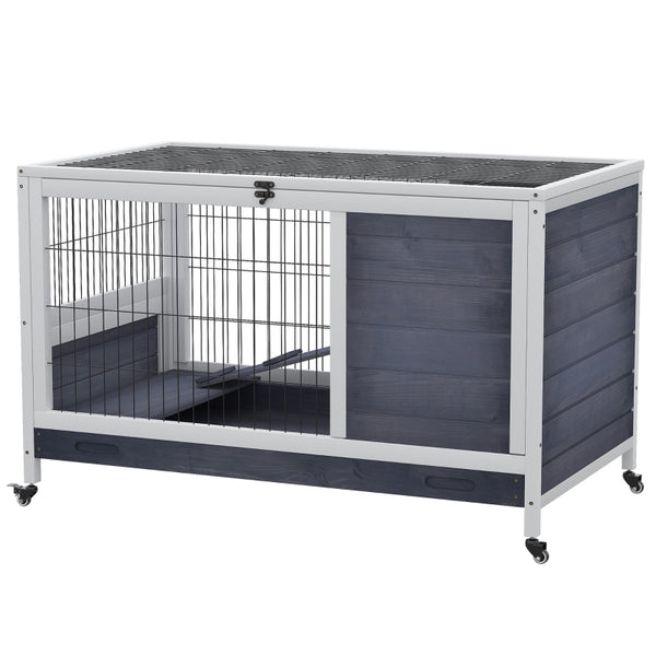 Grijs houten konijnenhok 90x53x59 cm – mobiel en onderhoudsvriendelijk