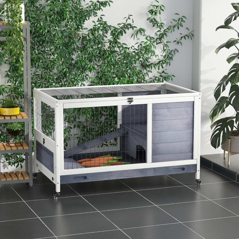 Grijs houten konijnenhok 90x53x59 cm – mobiel en onderhoudsvriendelijk