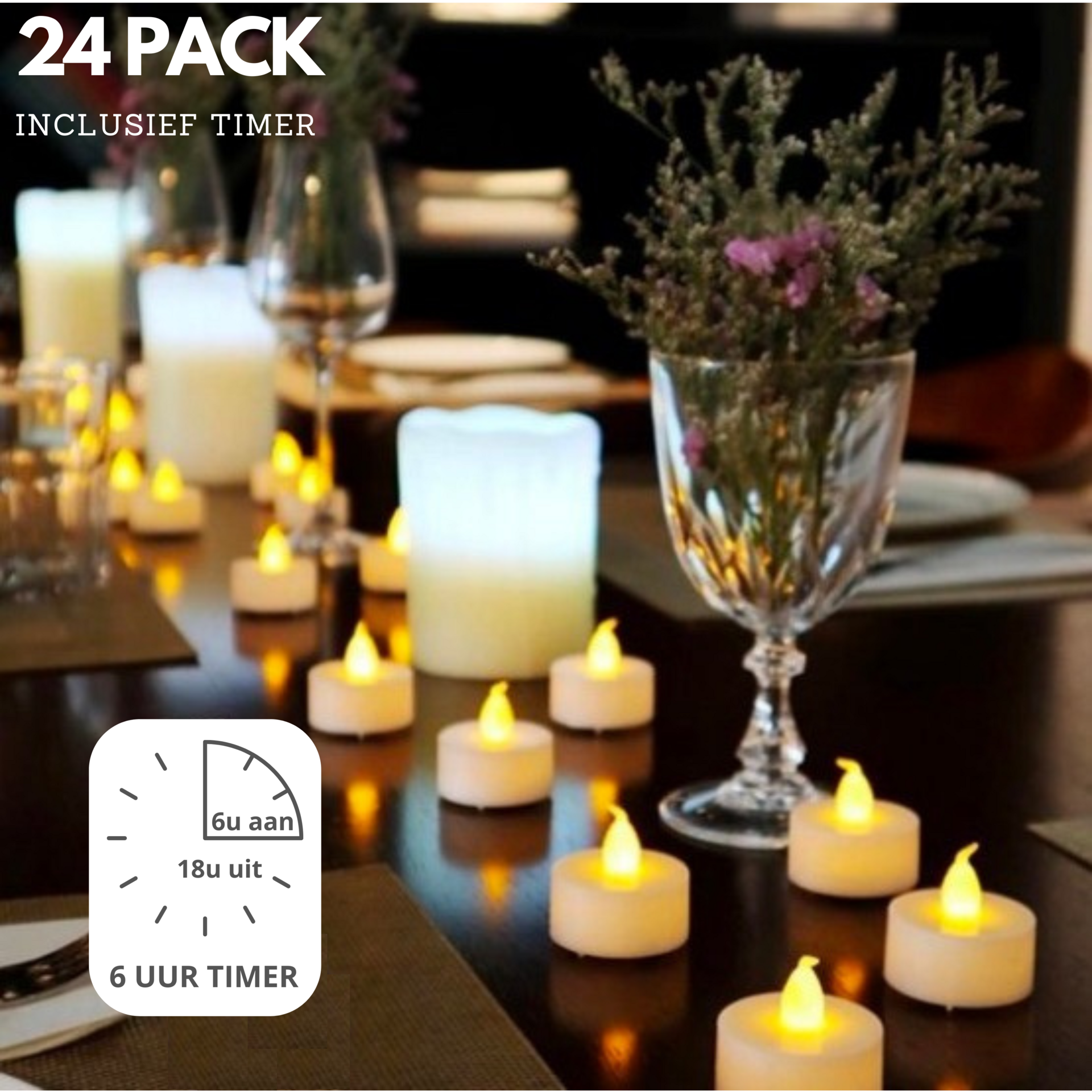Set van 24 LED theelichtjes met timer – veilig en sfeervol