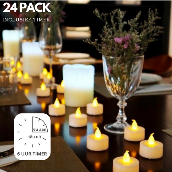 Set van 24 LED theelichtjes met timer – veilig en sfeervol