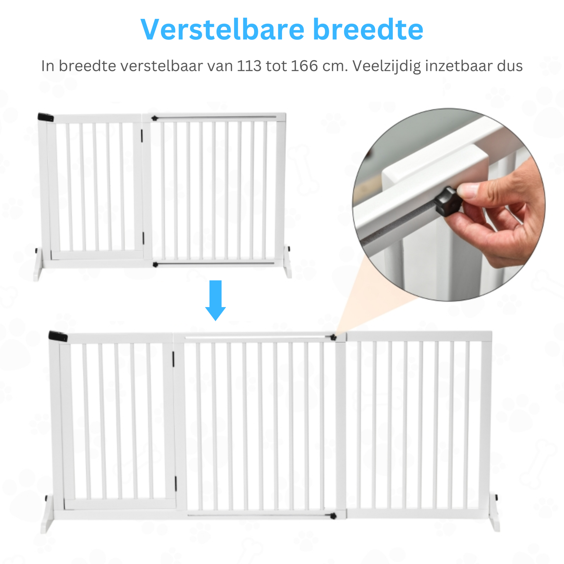 Verstelbaar wit hondenhek 113-166x71 cm – veilig en praktisch voor trappen