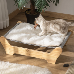 Houten kattenhangmat 68x43x20 cm – verhoogd comfort met pluche kussen en stevig grenenhout voor ontspannen kattenplezier