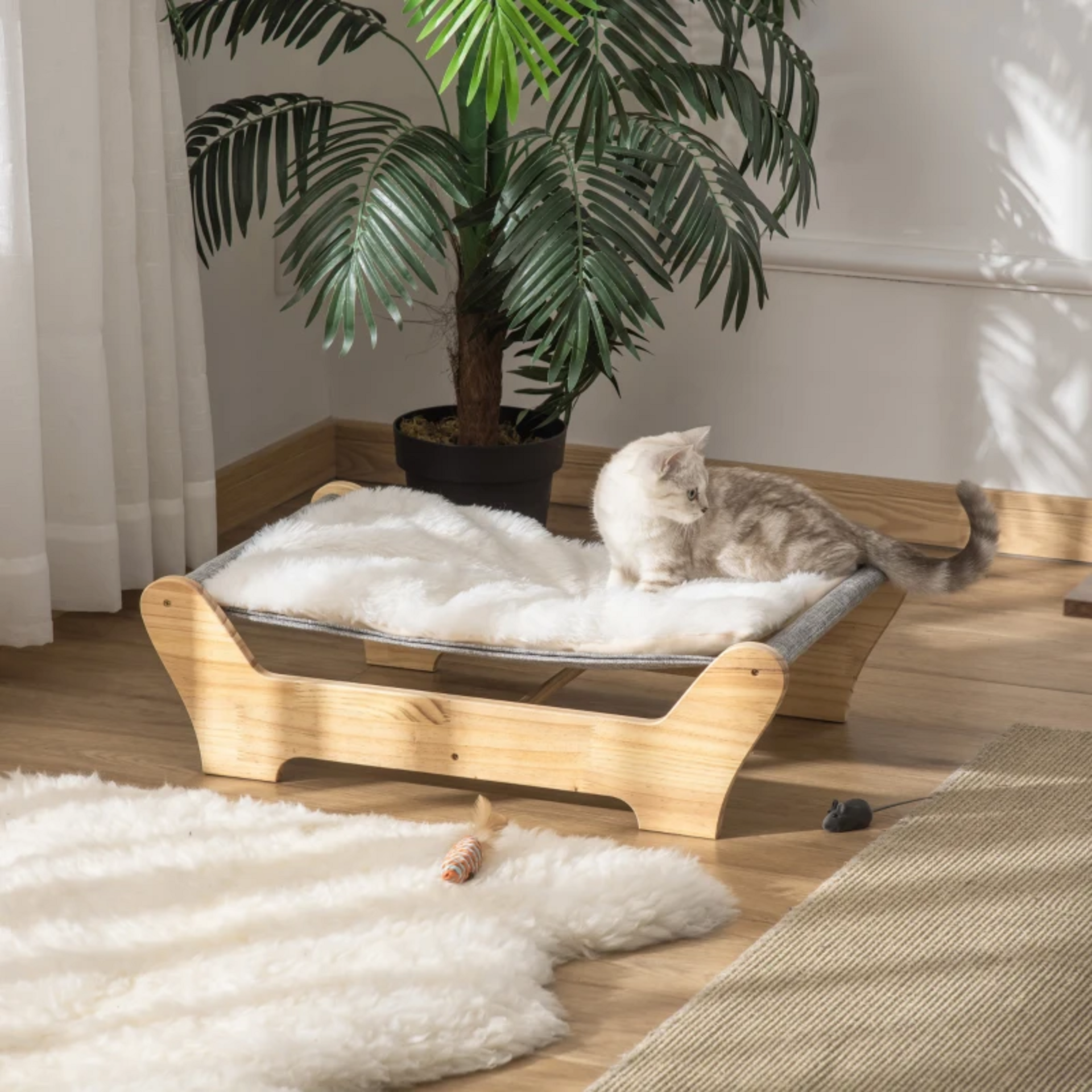 Houten kattenhangmat 68x43x20 cm – verhoogd comfort met pluche kussen