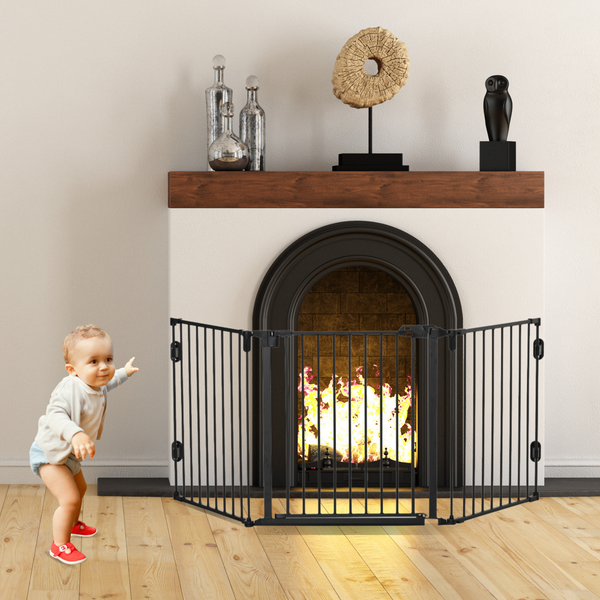 Stevig zwart haardscherm 203x76 cm – optimale vonkenbescherming voor je open haard