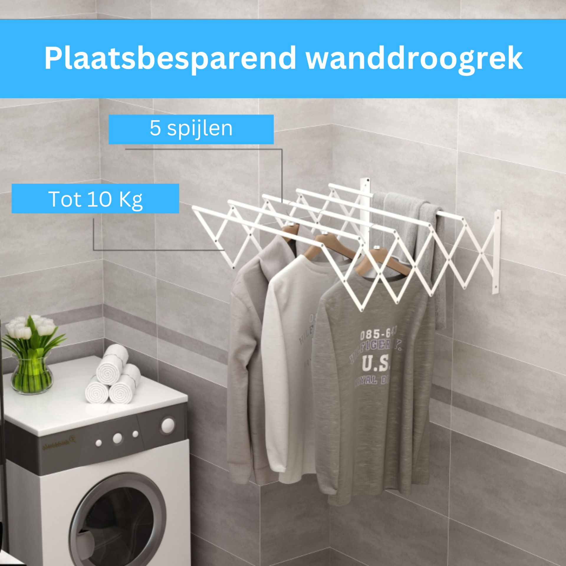 Uittrekbaar wit wanddroogrek 64x60x20 cm – ruimtebesparend en praktisch