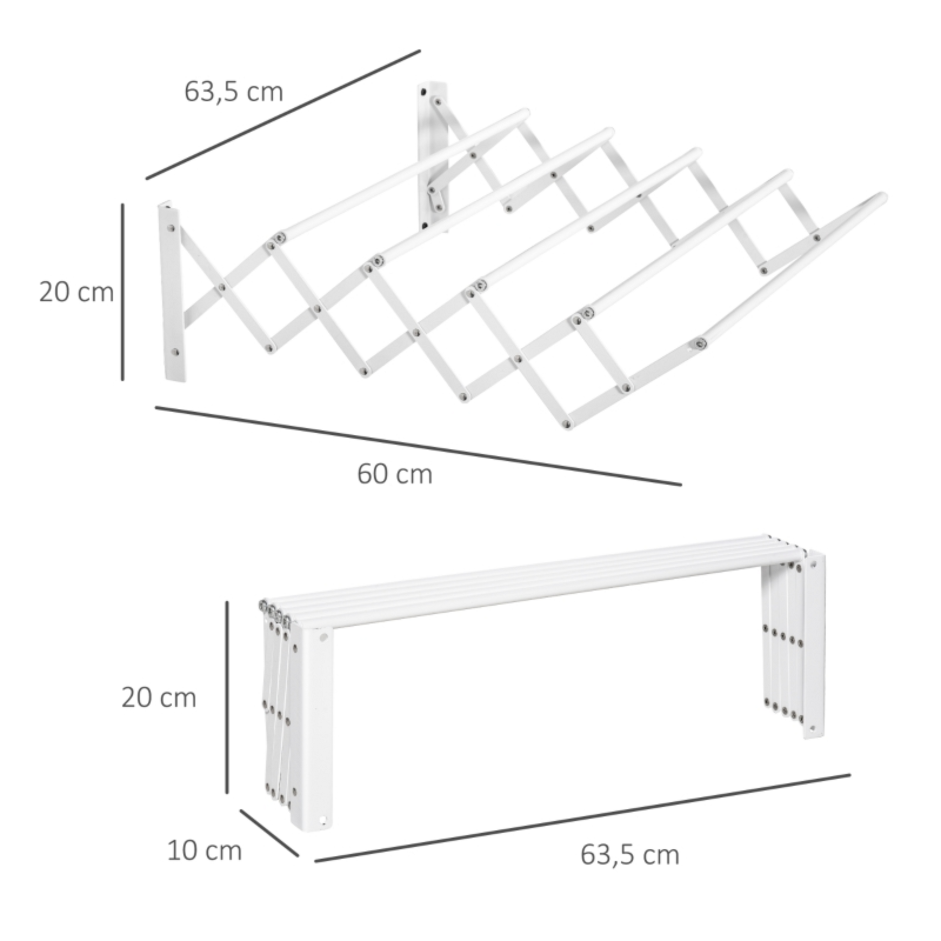 Uittrekbaar wit wanddroogrek 64x60x20 cm – ruimtebesparend en praktisch