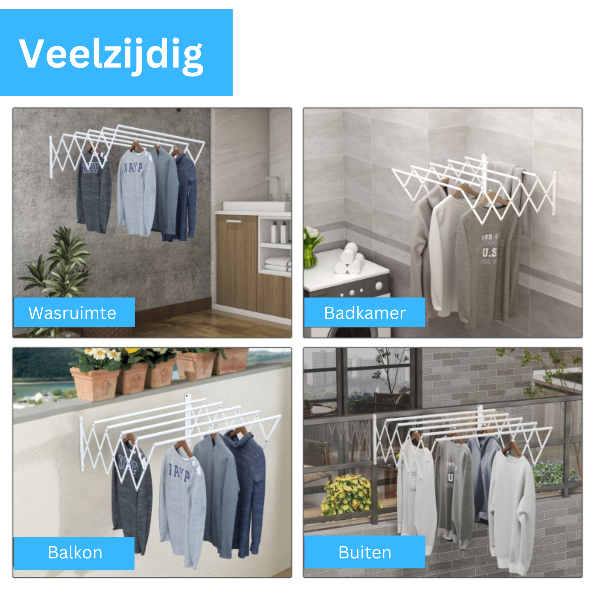 Uittrekbaar wit wanddroogrek 64x60x20 cm – ruimtebesparend en praktisch