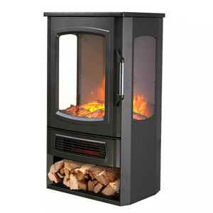 Vrijstaande elektrische sfeerhaard 2000W met zijruiten – compacte kachel met realistisch LED vlameffect en opbergruimte voor hout