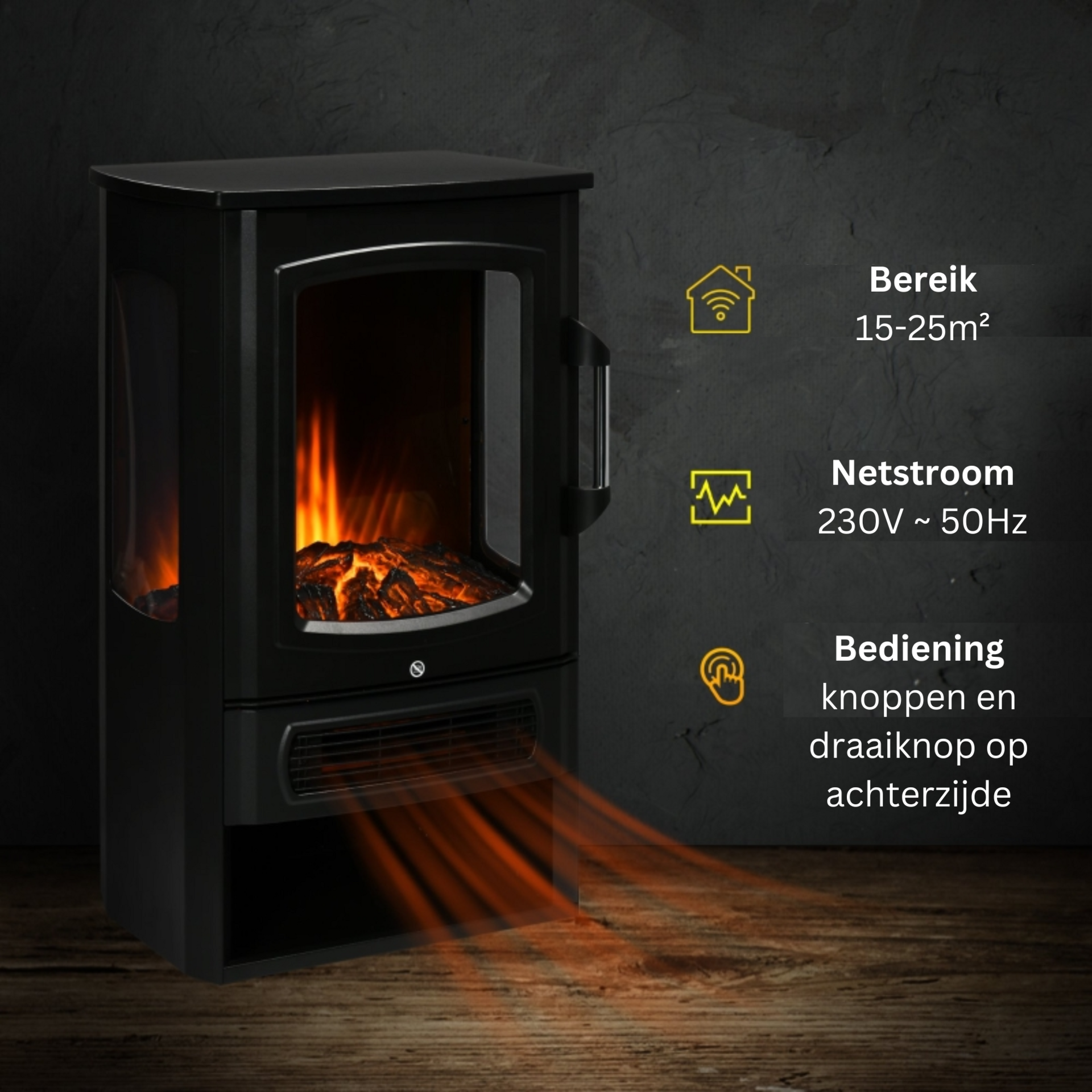 Vrijstaande elektrische sfeerhaard 2000W met zijruiten – stijlvolle warmte en gezelligheid