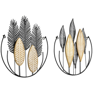 Set van 2 metalen wanddecoraties 40x46 cm in zwart en goud – modern en elegant met bladermotief en 3D ontwerp voor sfeervolle woondecoratie