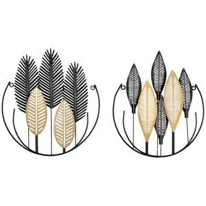 Set van 2 metalen wanddecoraties 40x46 cm in zwart en goud – modern en elegant met bladmotief en rond frame