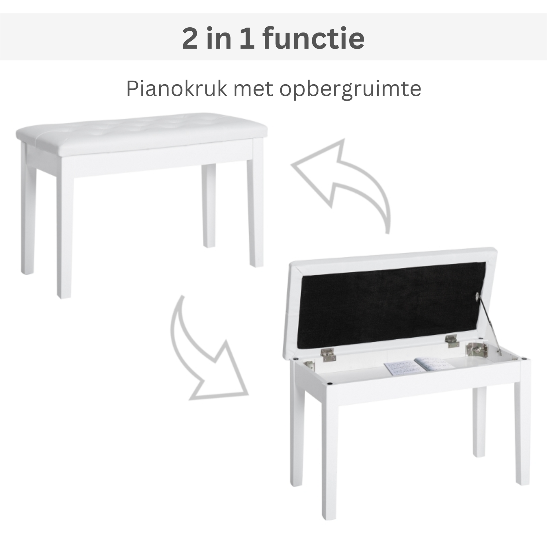 Klassieke witte pianokruk met opbergruimte – stijlvol en praktisch