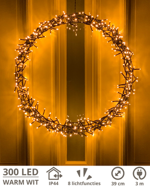Verlichte kerstkrans Ø39 cm met 300 LED's – warme lichtdecoratie voor binnen en buiten met 8 lichtfuncties en IP44 bescherming