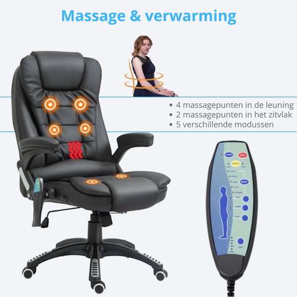 Comfortabele zwarte bureaustoel met verwarming en massage – kunstleer en ergonomisch design