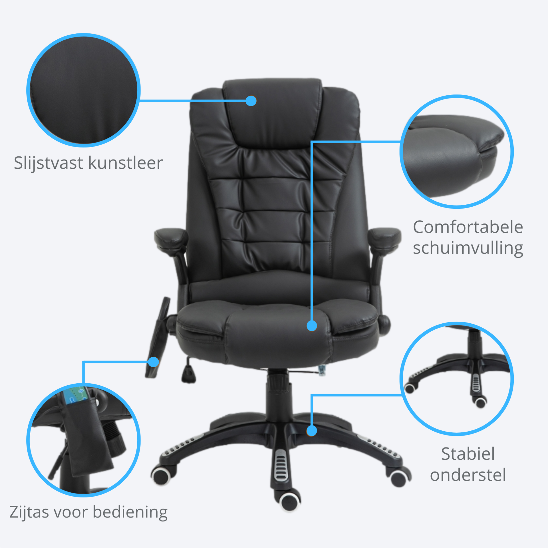 Comfortabele zwarte bureaustoel met verwarming en massage – kunstleer en ergonomisch design