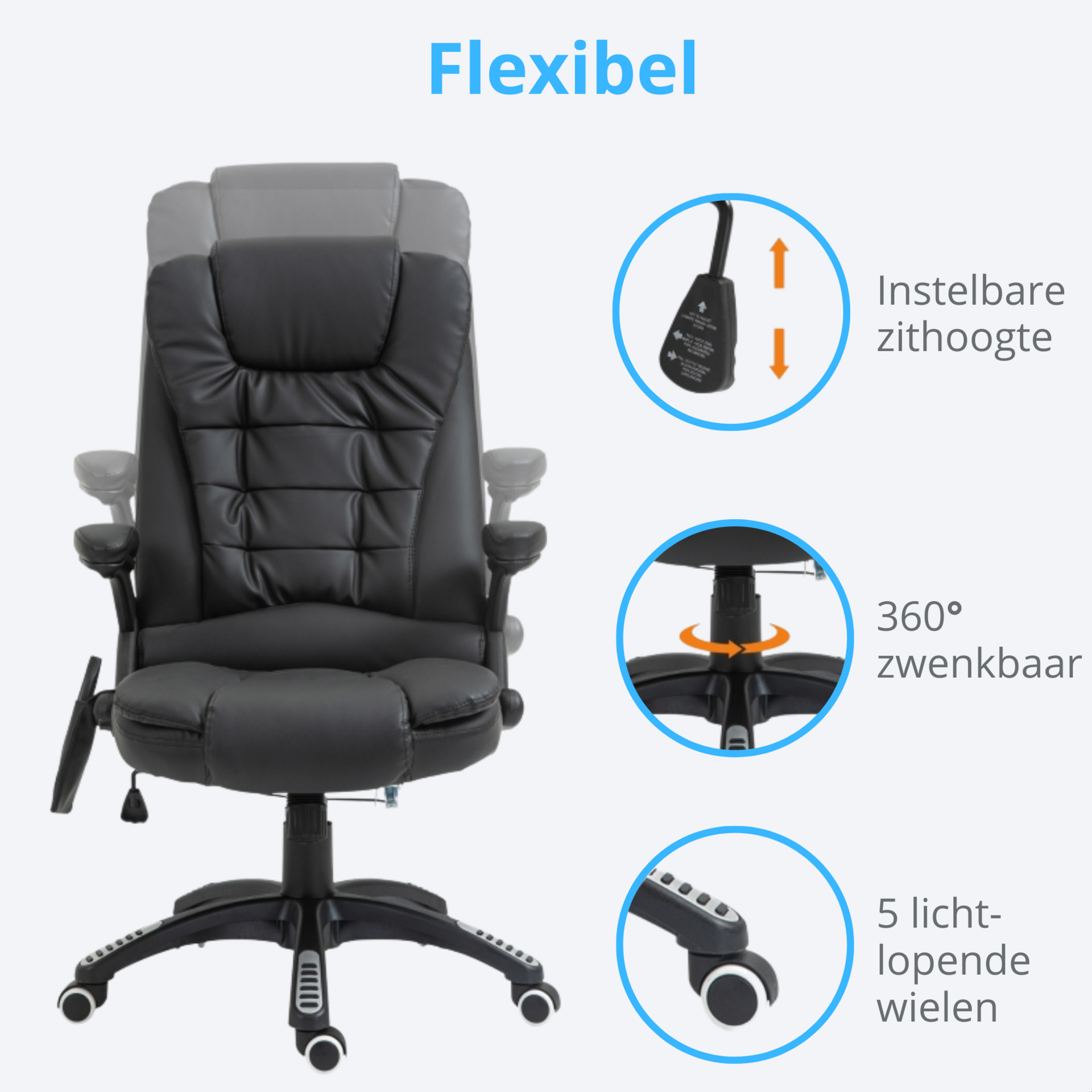 Comfortabele zwarte bureaustoel met verwarming en massage – kunstleer en ergonomisch design