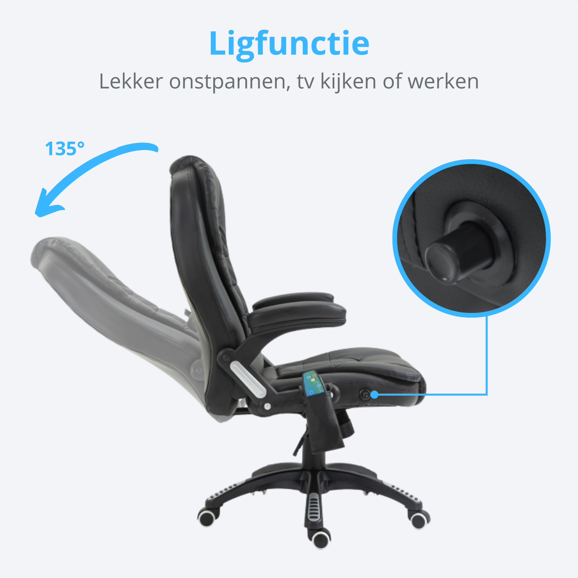 Comfortabele zwarte bureaustoel met verwarming en massage – kunstleer en ergonomisch design
