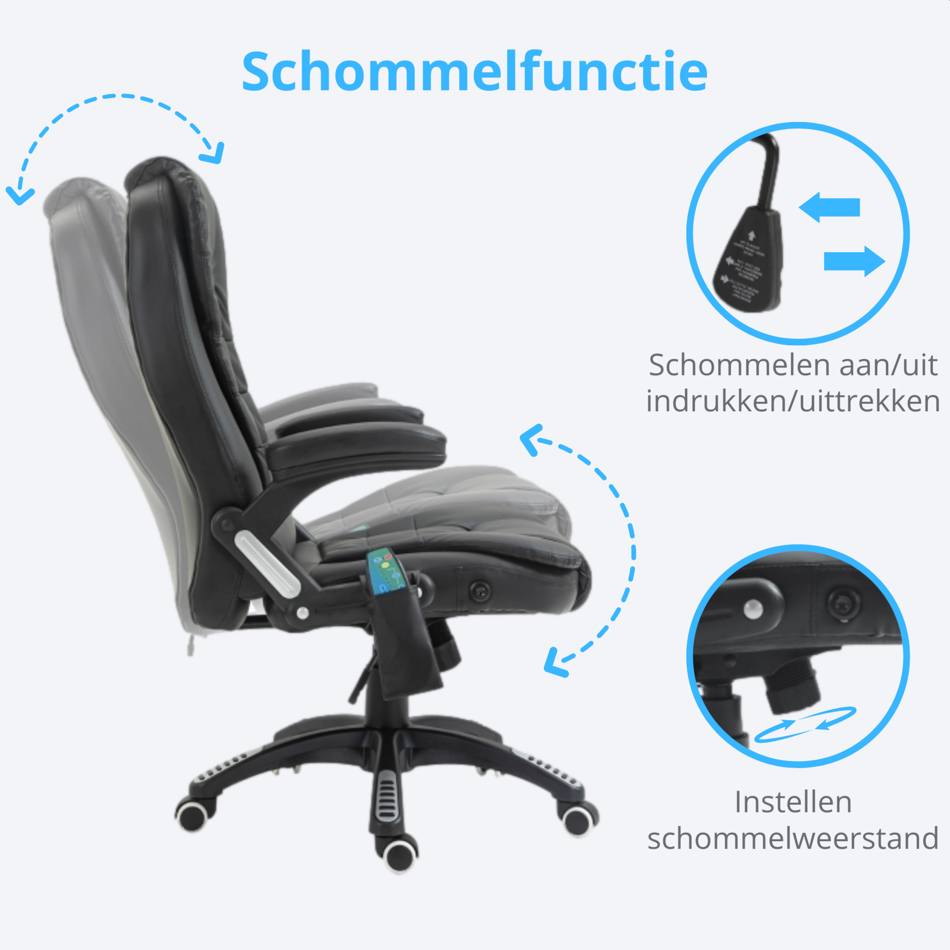 Comfortabele zwarte bureaustoel met verwarming en massage – kunstleer en ergonomisch design